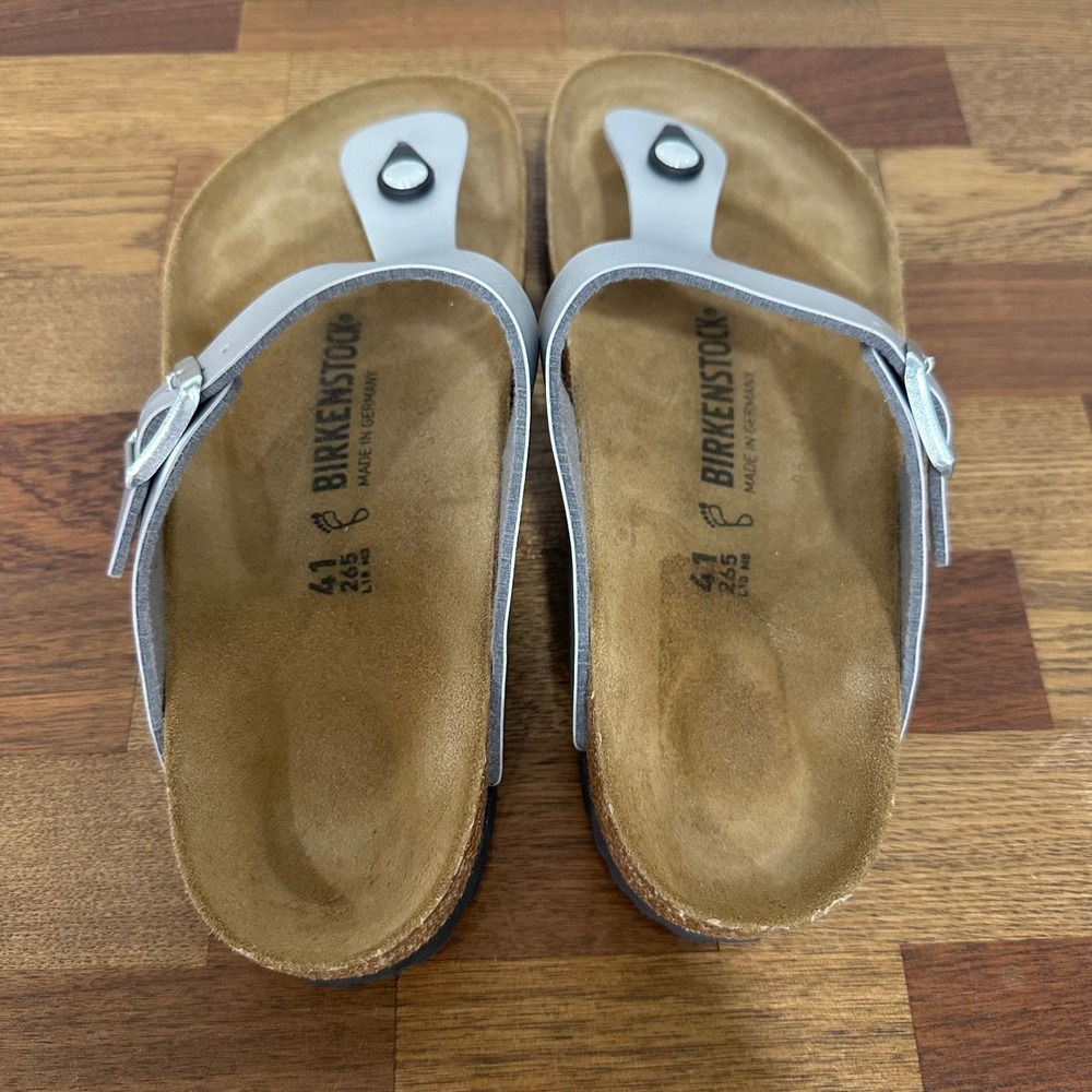 Birkenstocks Gizeh Birko-Flor 41 Leather Thong Sandal Comfort Silver Metallic - Picture 5 of 9